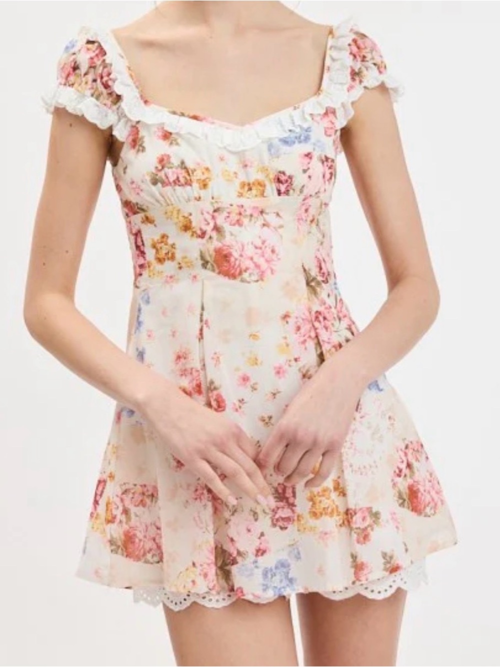 Floral Ruffle Mini in Cream with Pink & Blue Blossoms romper